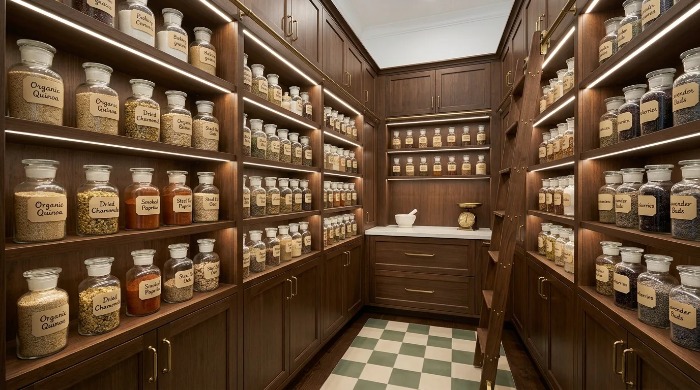 Efficient modern apothecary kitchen layout. Vintage atmosphere balanced by practical contemporary kitchen planning.
