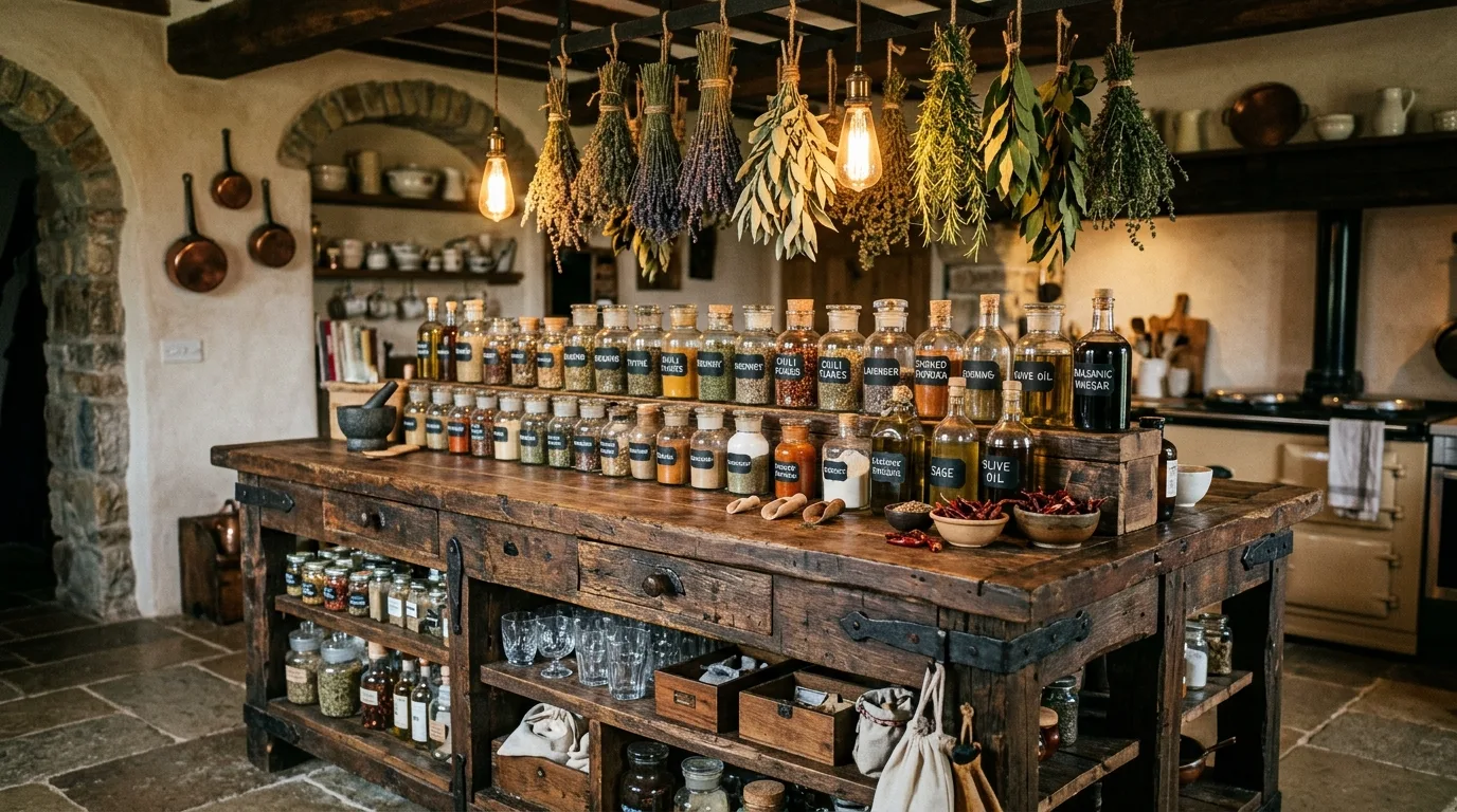 Collected objects in apothecary kitchen. Layered vintage-style styling creating a personal kitchen atmosphere.