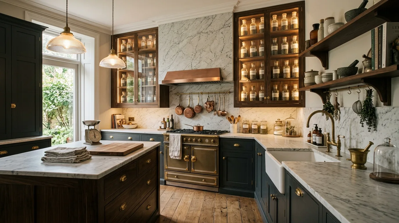Modern apothecary kitchen styled as a complete room. A vintage-inspired cookspace balanced with clean modern function.