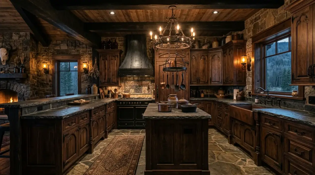 Unique Western Gothic kitchen with dramatic mood, rustic materials, and dark romantic styling.
