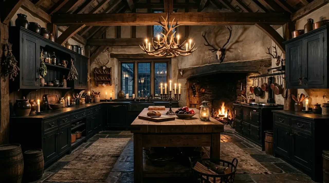 Iron hardware gothic kitchen. Western Gothic kitchen detailed with blackened metal and iron accents.