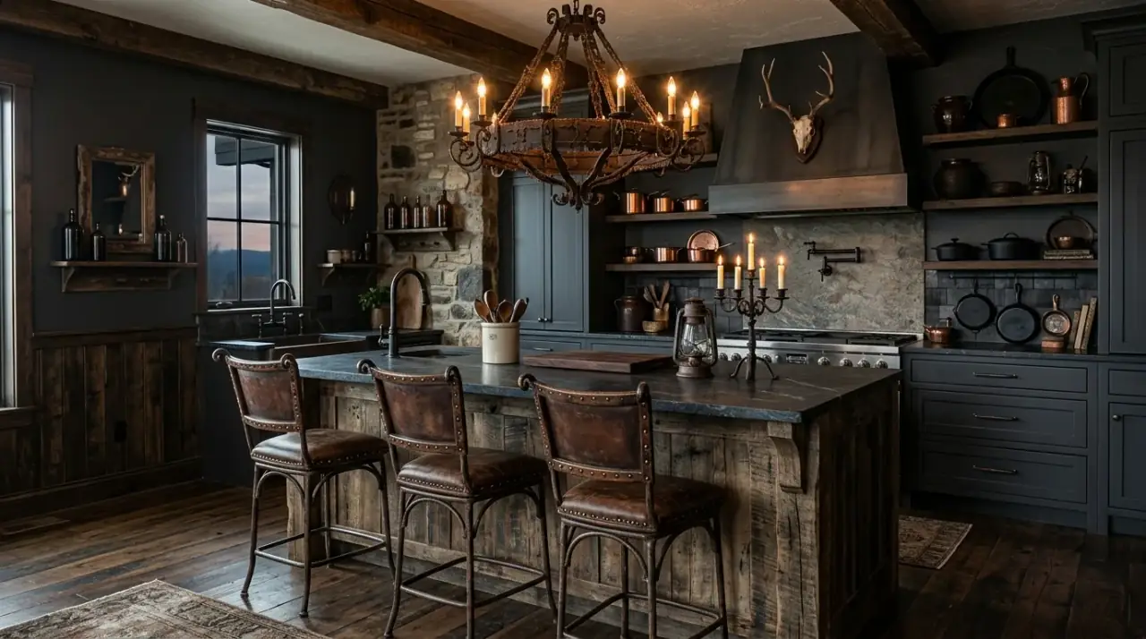 Stone Western Gothic kitchen. Dramatic kitchen with stone or brick texture in a Western Gothic look.