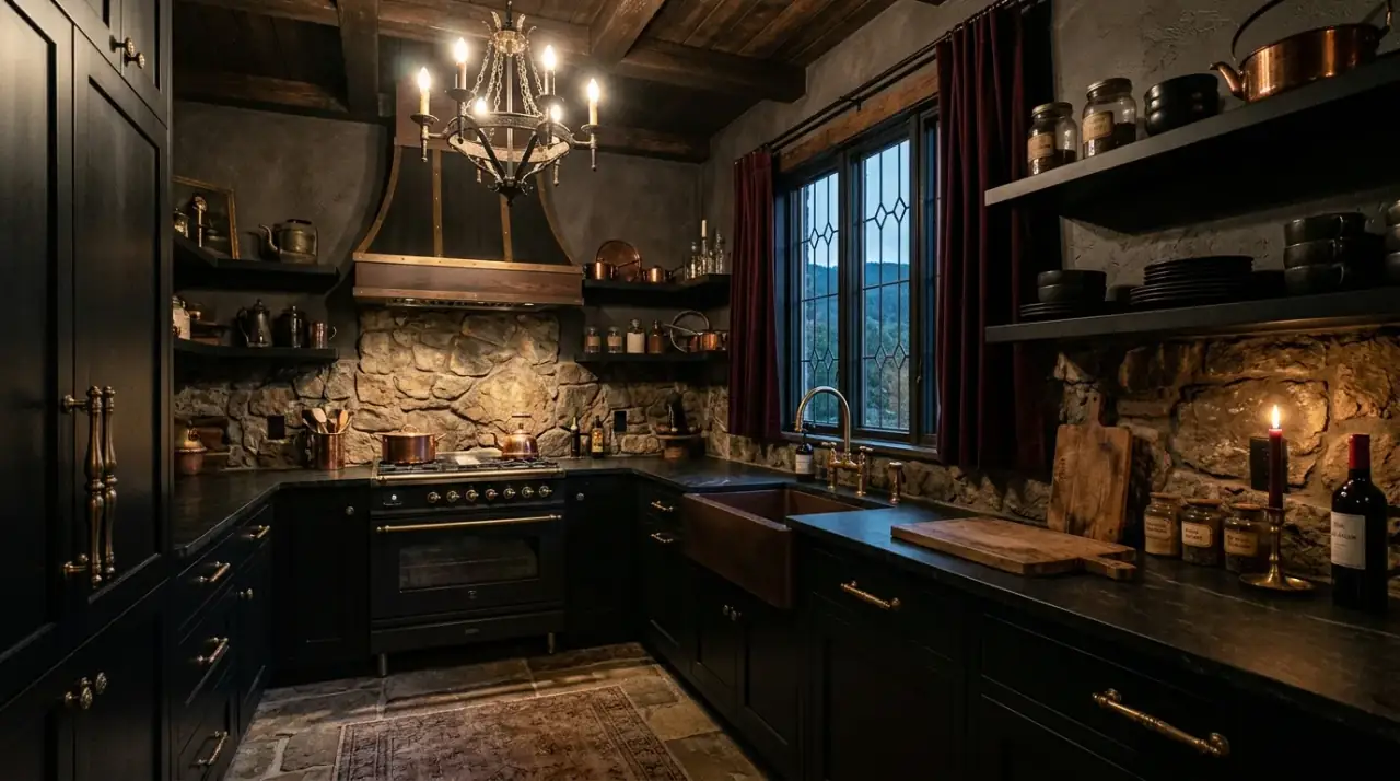 Western Gothic kitchen palette. Kitchen using deep red brown and black tones for a dramatic aesthetic.