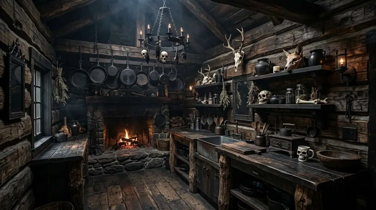 Leather accents gothic kitchen. Western Gothic kitchen warmed by leather and saddle toned accents.