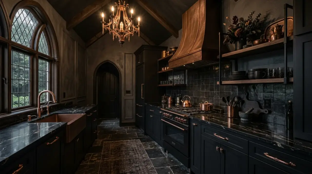Western Gothic kitchen lighting. Dramatic kitchen lit by old world inspired Western Gothic fixtures.