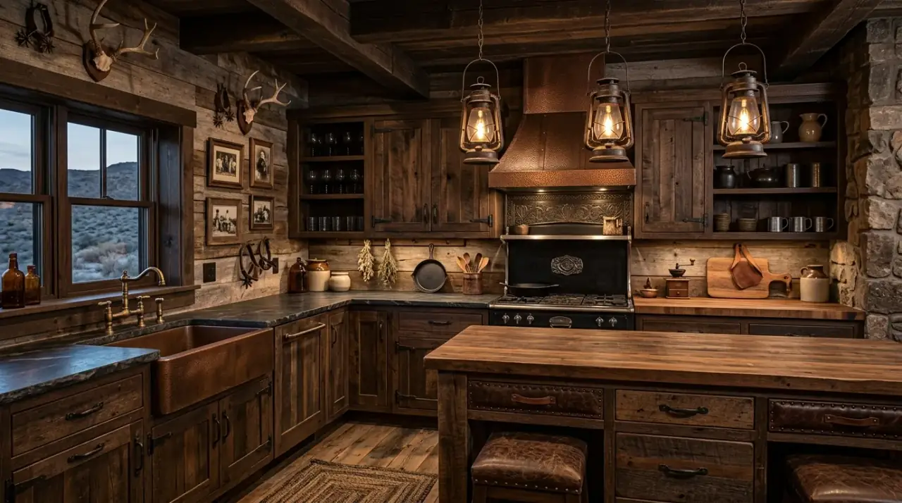 Rustic shelves Western Gothic kitchen. Western Gothic kitchen shelves displaying pottery and dark rustic vessels.