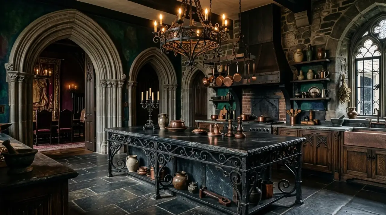 Balanced Western Gothic kitchen. Dramatic Western Gothic kitchen balanced by lighter stone and plaster touches.