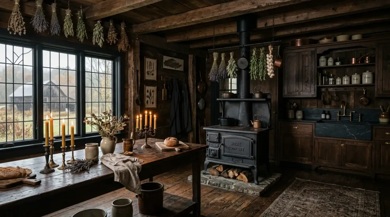 Beams in Western Gothic kitchen. Kitchen with rustic beams reinforcing a dramatic Western Gothic atmosphere.