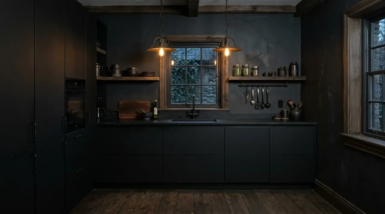 Selective Western Gothic decor. Dramatic kitchen using restrained Western Gothic decorative motifs.