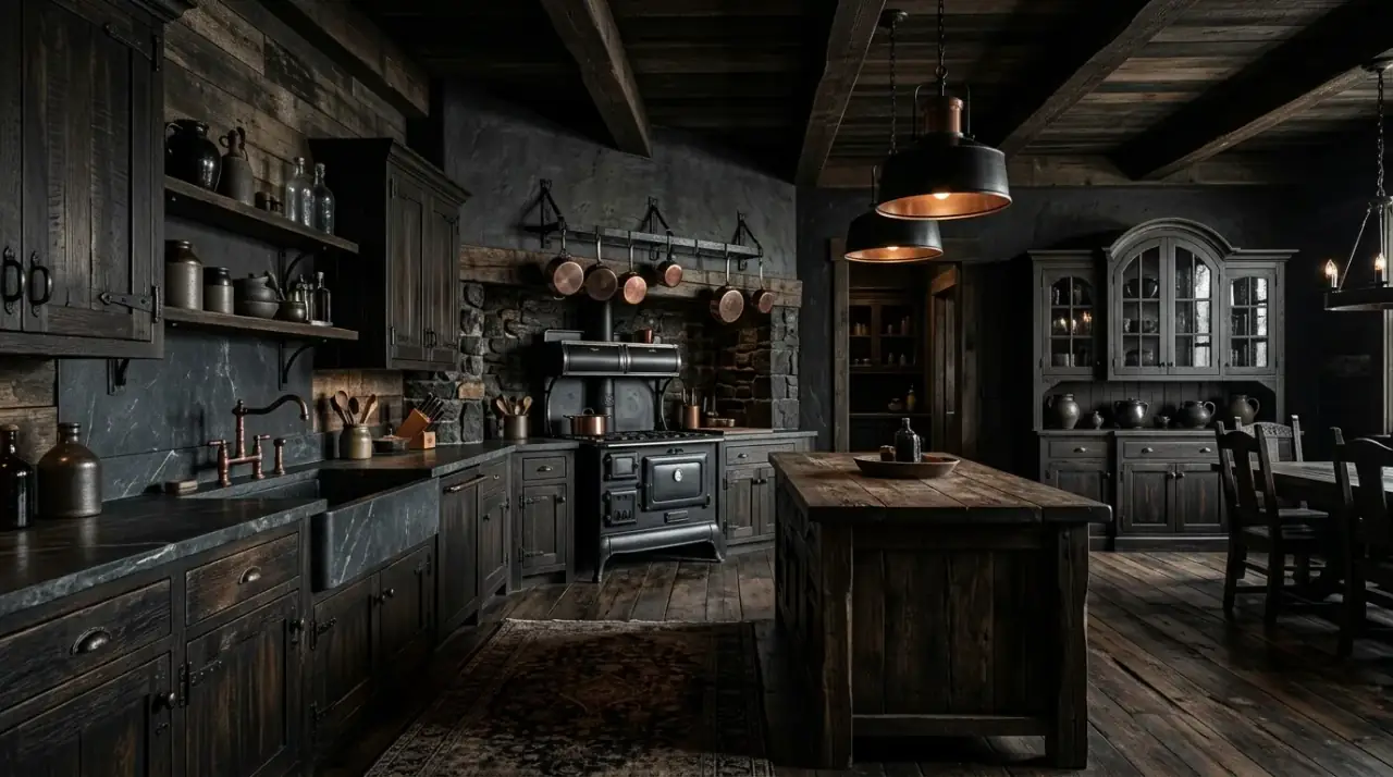 Western Gothic kitchen overview. Unique Western Gothic kitchen blending drama, rustic texture, and warmth.