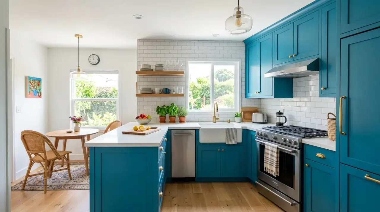 Vibrant colorful small kitchen with bold accents, lively surfaces, and compact design that still feels open.