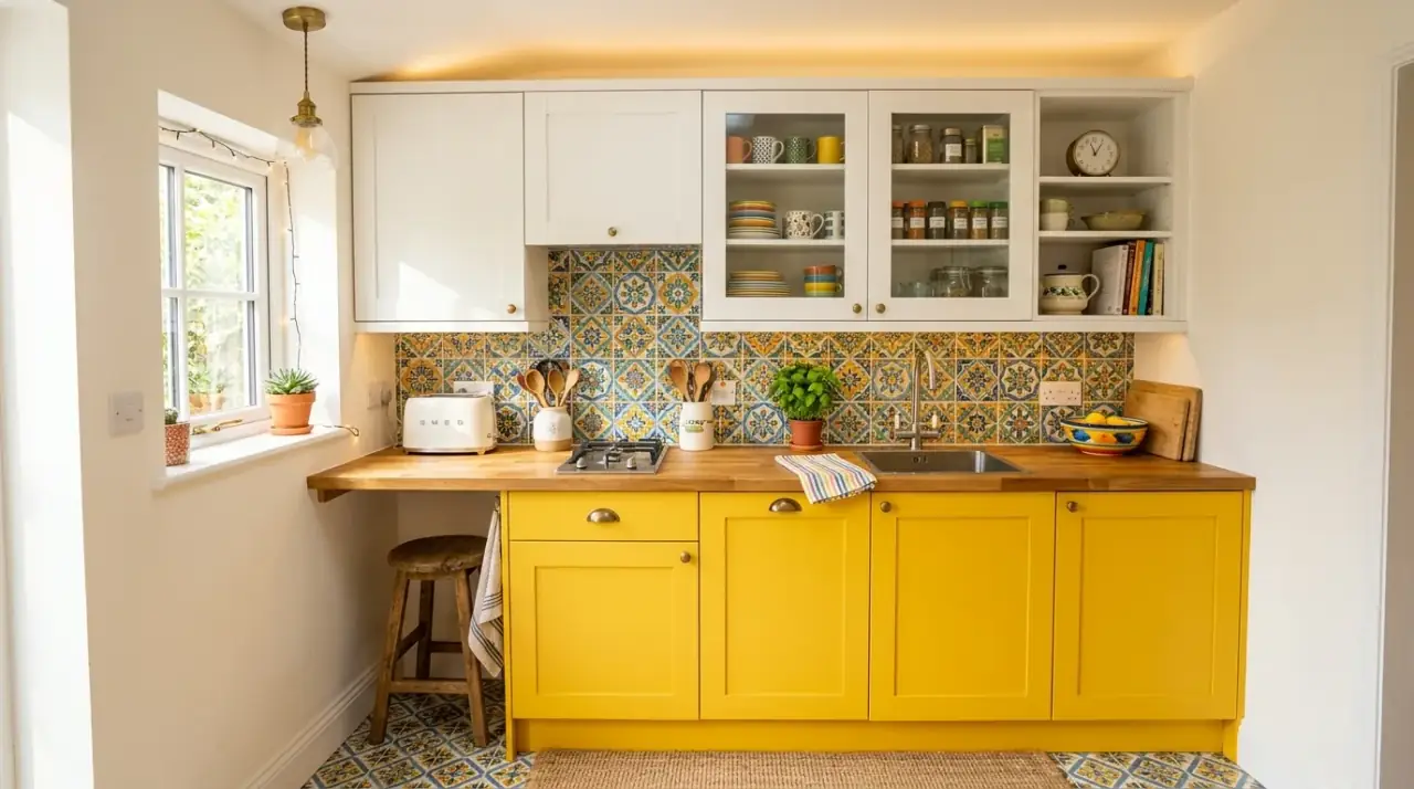 Colorful backsplash small kitchen. Bold tile wall adding energy to a compact kitchen layout.