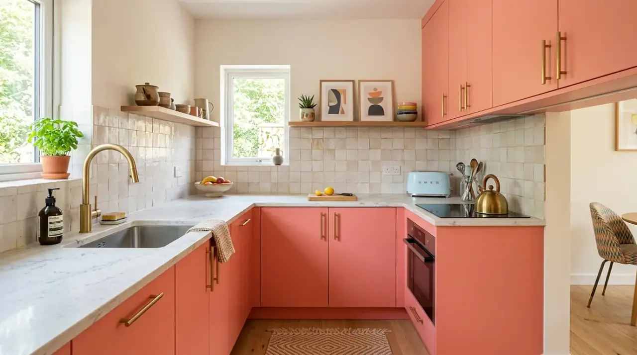 White and color small kitchen. Bright white used to frame a stronger accent color in a tiny kitchen.