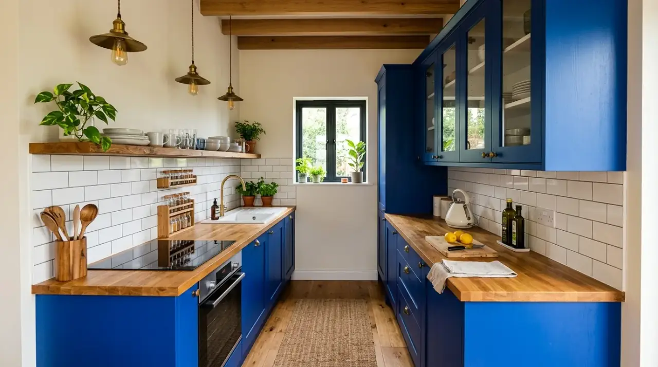 Colorful shelf styling kitchen. Bright dishware on open shelves adding life to a compact kitchen.