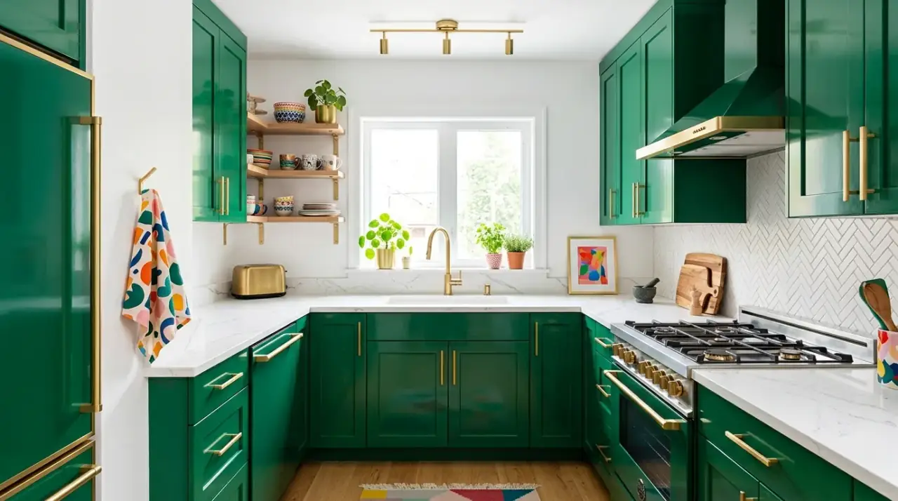 Patterned floor colorful kitchen. Lively flooring bringing energy to a small kitchen without crowding it.