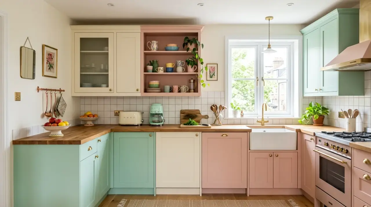 Two-color small kitchen. Compact kitchen palette using two bold but balanced colors.