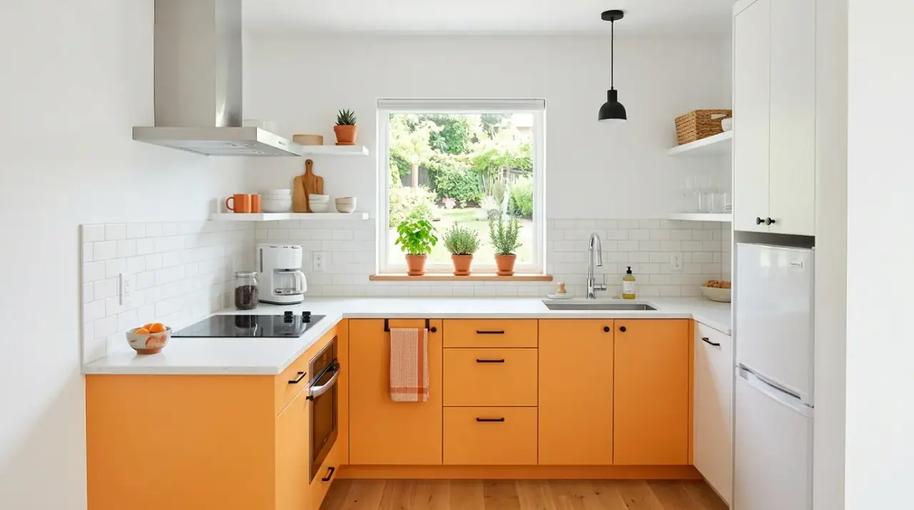 Simple layout colorful kitchen. Clean compact layout giving bold color more room to succeed.