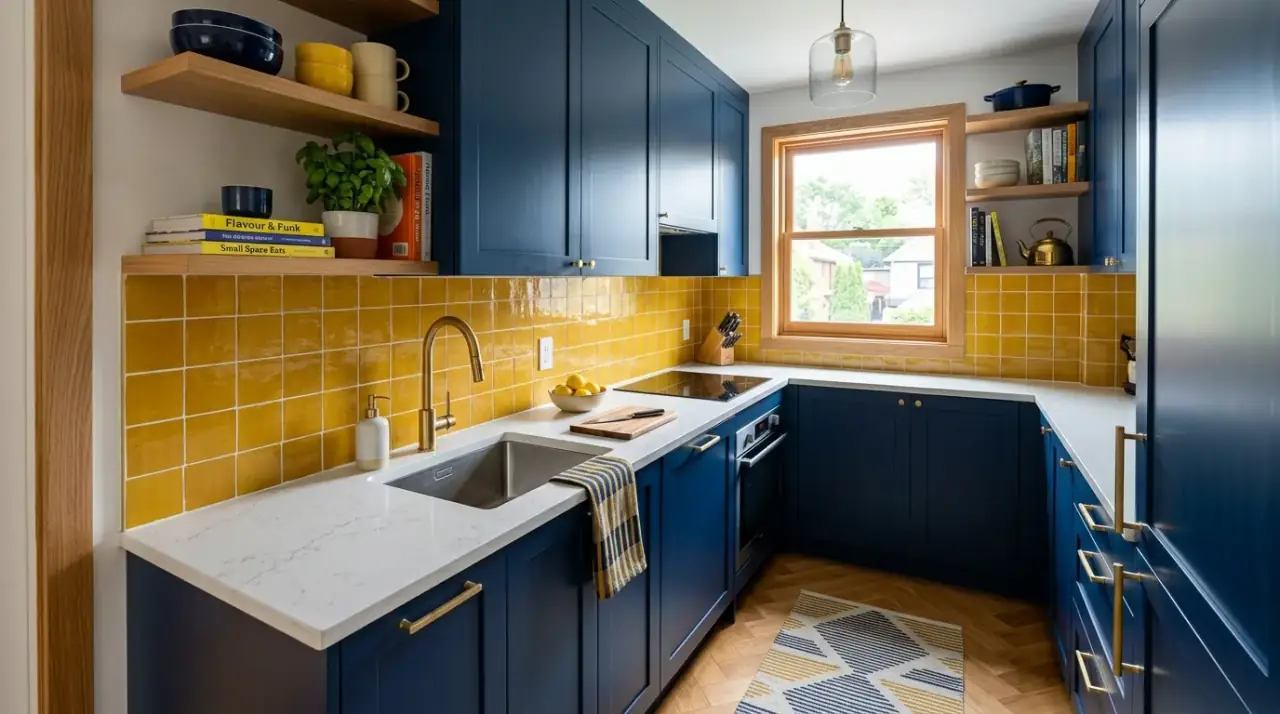 Colorful decor small kitchen. Bright accessories and art bringing personality to a small kitchen.