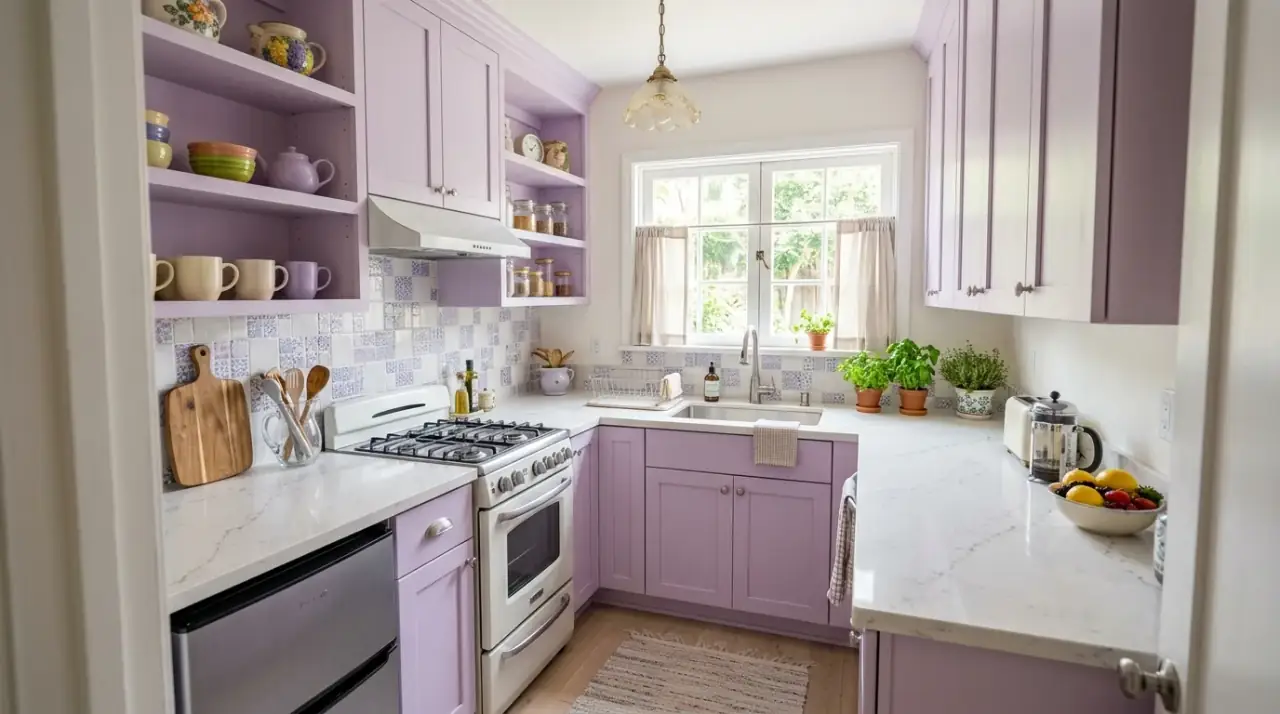 Statement piece colorful kitchen. Single bold object creating personality in a compact kitchen.