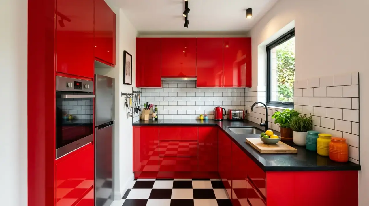 Glossy colorful small kitchen. Reflective surfaces helping strong color stay light in a compact kitchen.