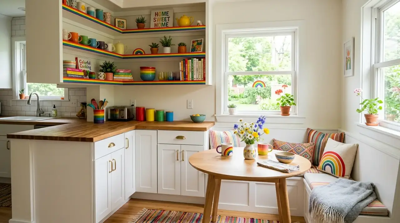 Colorful kitchen with wood. Natural timber balancing bright hues in a compact kitchen.