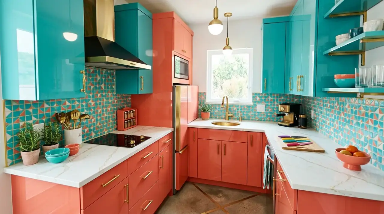 Ceiling color small kitchen. Unexpected colorful overhead details personalizing a compact kitchen.