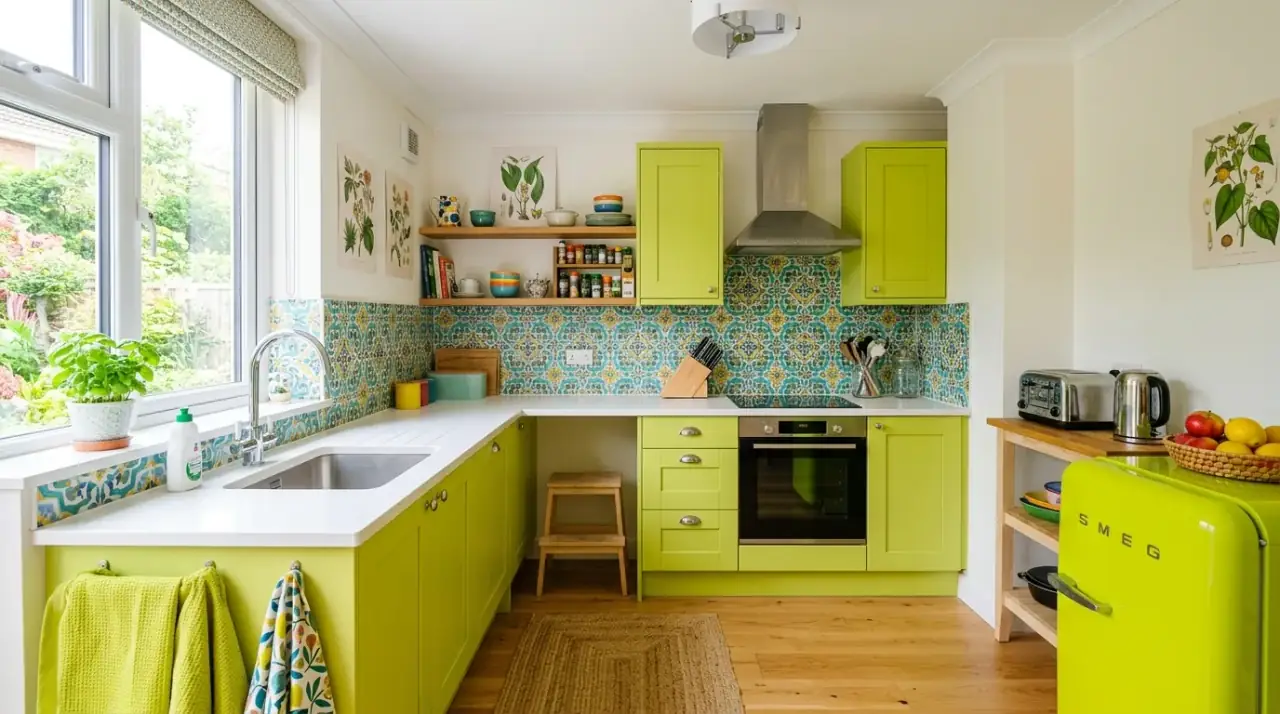 Layered color family kitchen. Compact kitchen using multiple shades from one color family for depth.