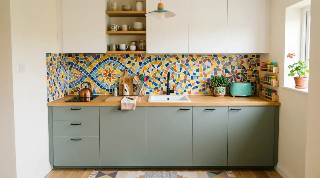 Edited colorful kitchen counters. Clear worktops helping bold color stand out in a tiny kitchen.
