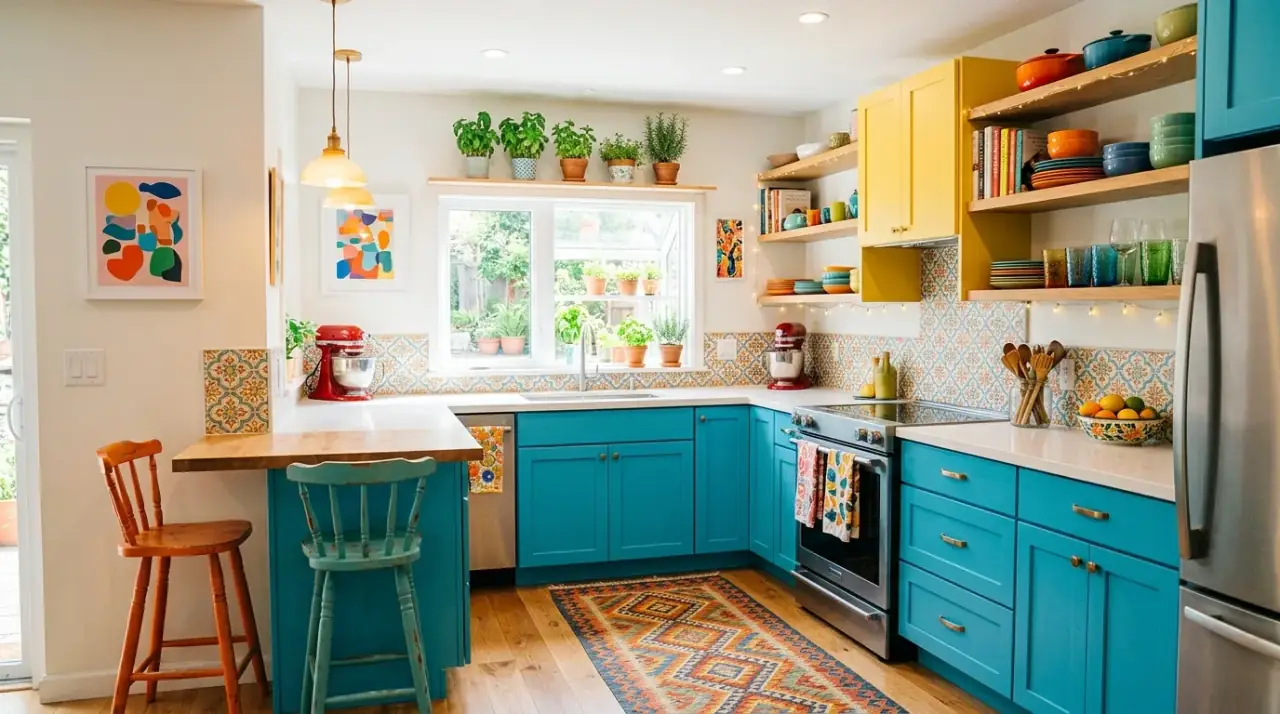 Colorful small kitchen overview. Vibrant compact kitchen design balancing bold personality with everyday function.