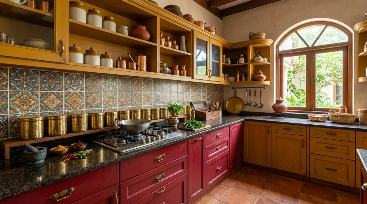 Vibrant Indian kitchen with spice-inspired color, warmth, and layered texture.