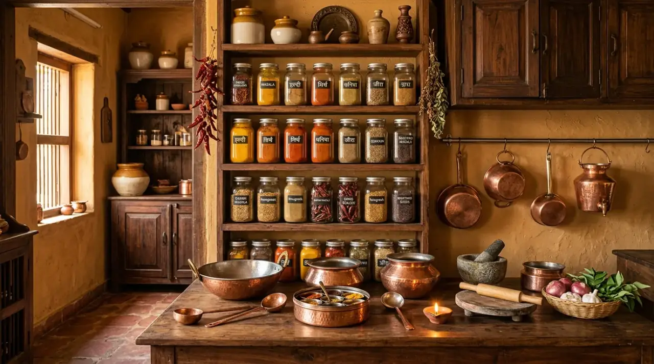 Brass and copper Indian kitchen. Spice inspired kitchen layered with brass and copper accents.