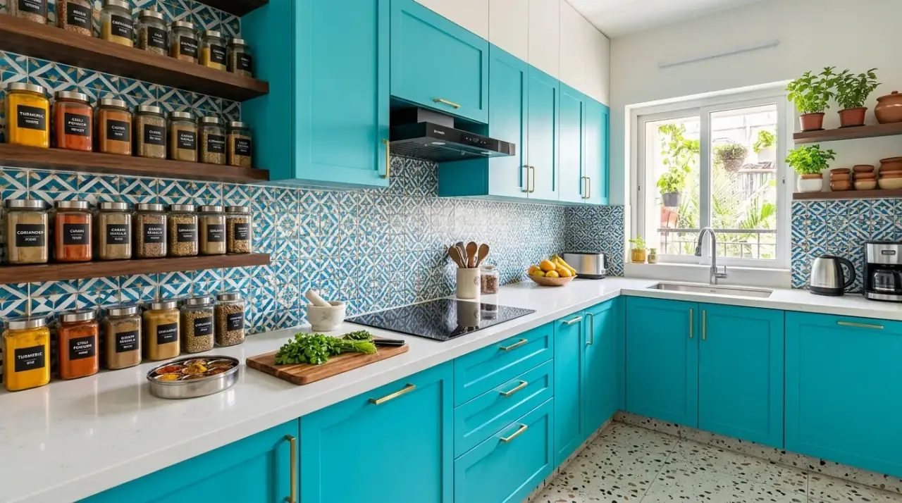 Wood cabinets Indian kitchen. Vibrant Indian inspired kitchen grounded by rich wood cabinetry.