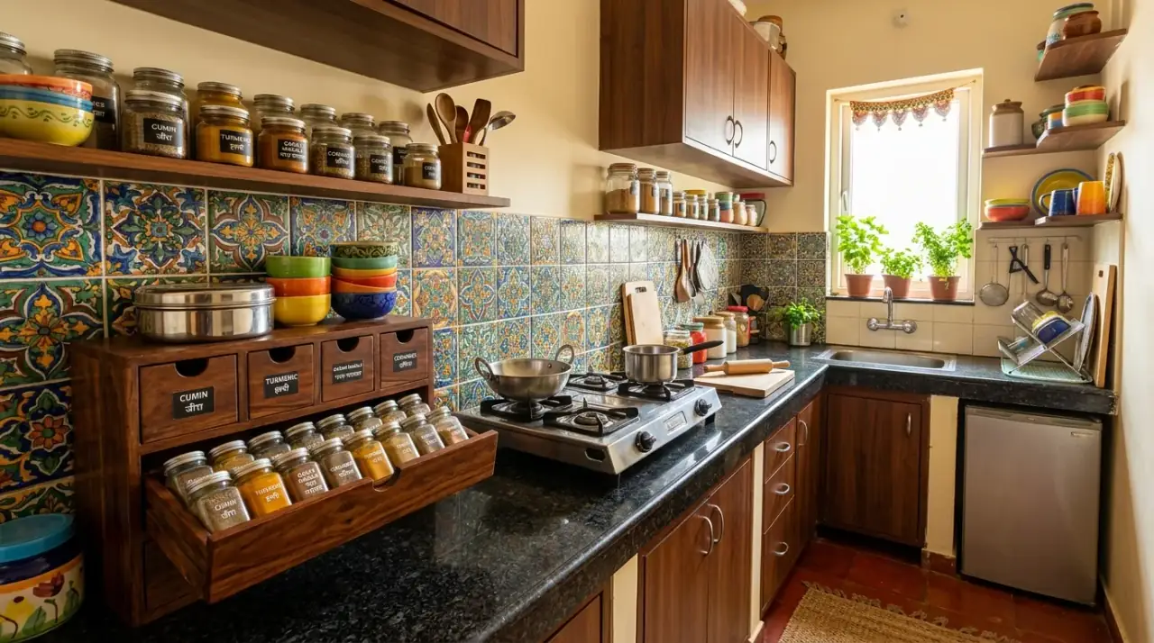 Spice storage Indian kitchen. Practical Indian kitchen with organized spice storage and warm style.