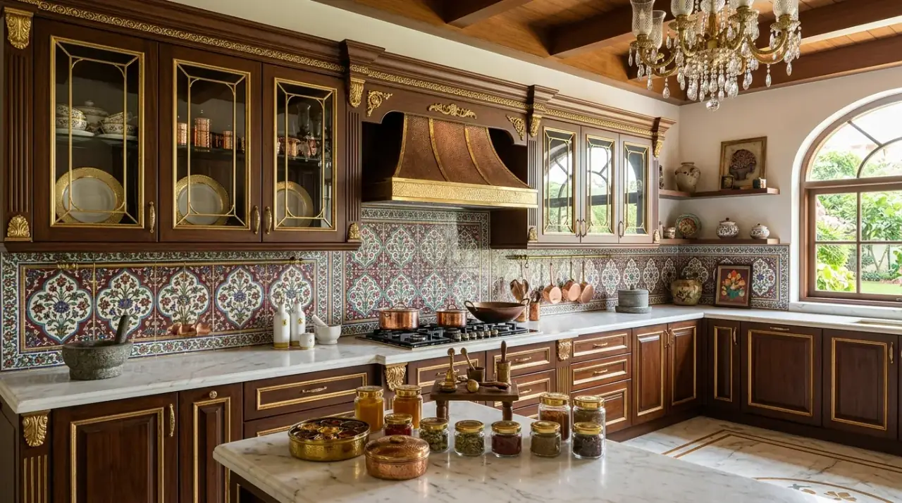 Open shelves Indian kitchen. Indian inspired kitchen shelves displaying useful vessels and cookware.