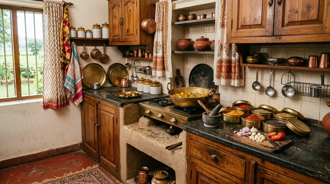 Balanced Indian kitchen palette. Spice inspired kitchen balanced by warm stone and cream surfaces.
