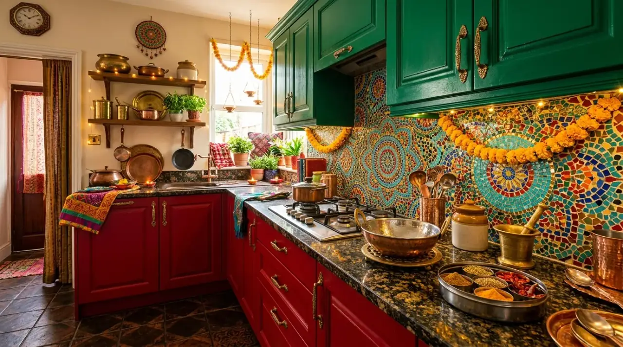 Indian kitchen textiles. Vibrant kitchen with Indian inspired textiles adding pattern and color.