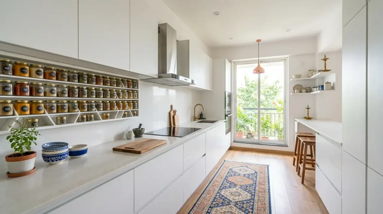 Handcrafted backsplash Indian kitchen. Indian inspired kitchen with a bold handmade style backsplash.