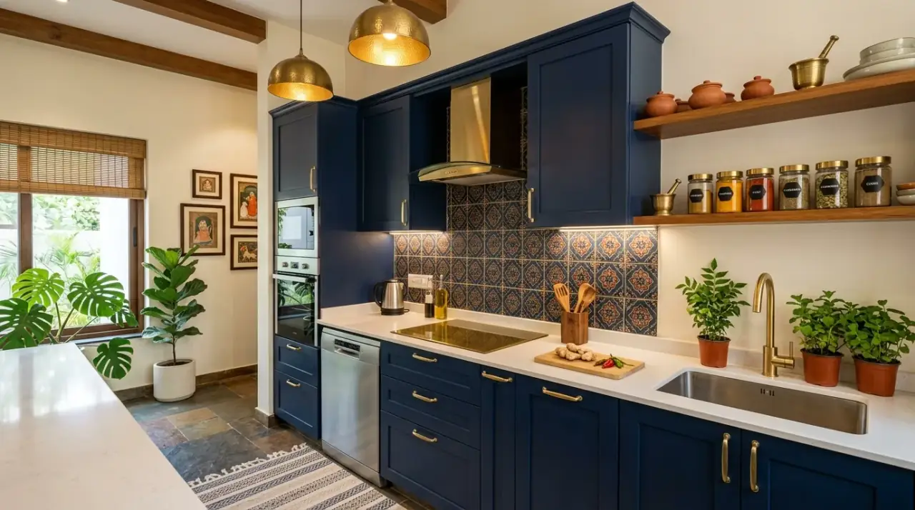 Greenery in Indian kitchen. Spice inspired kitchen refreshed with herbs and leafy greenery.