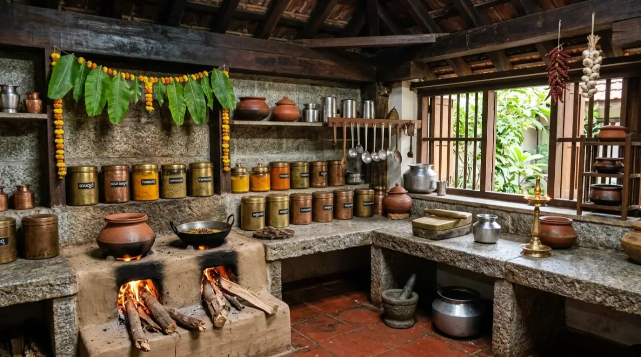 Indian kitchen workflow. Practical Indian style kitchen planned for real cooking and ventilation.
