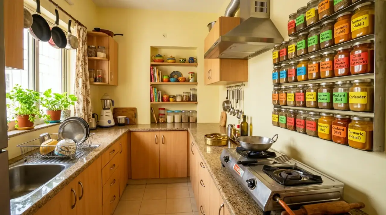 Warm lighting Indian kitchen. Vibrant kitchen with warm lighting enhancing spice inspired colors.