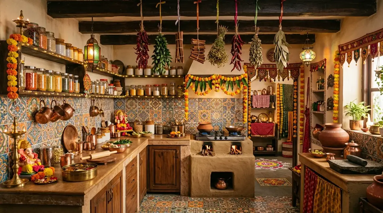 Indian kitchen overview. Vibrant spice inspired kitchen blending warmth, color, and real cooking function.
