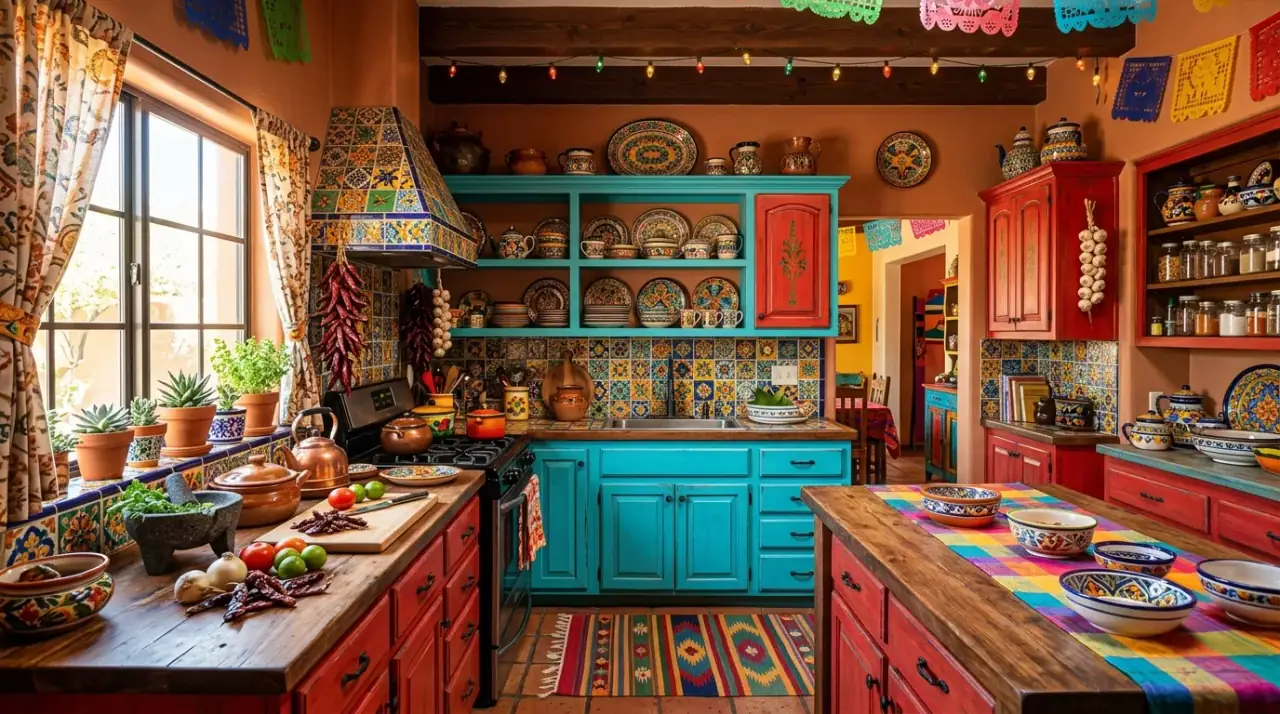Vibrant Mexican kitchen decor with colorful tile, terracotta, artisan accents, and festive warmth.