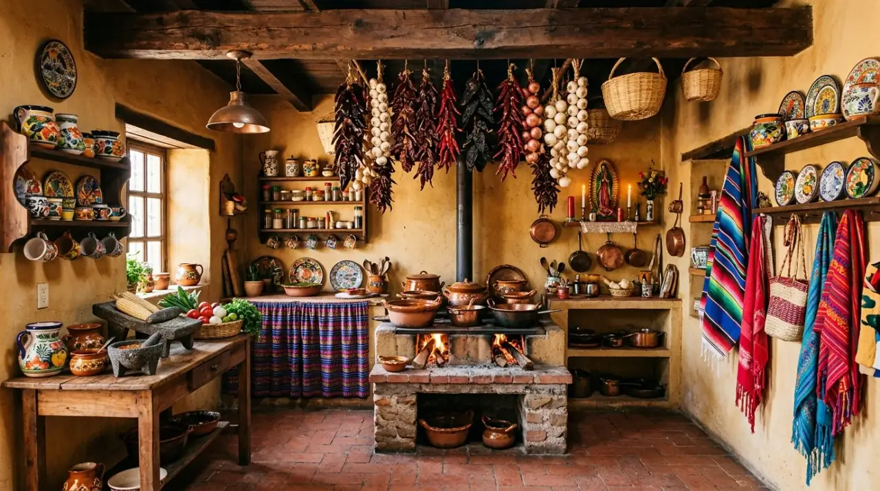 Terracotta Mexican kitchen. Earthy clay decor balancing the color of a vibrant kitchen.