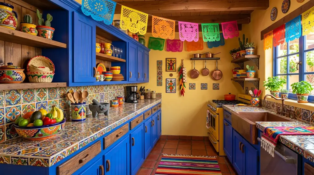 Painted Mexican kitchen cabinets. Richly colored cabinets adding festive energy to the kitchen.