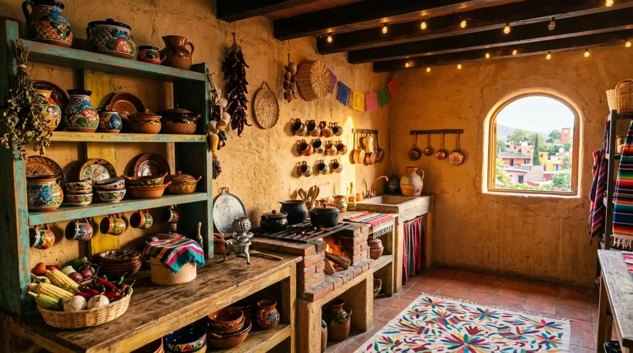 Saltillo kitchen floor. Warm rustic tile flooring grounding a colorful Mexican-style kitchen.