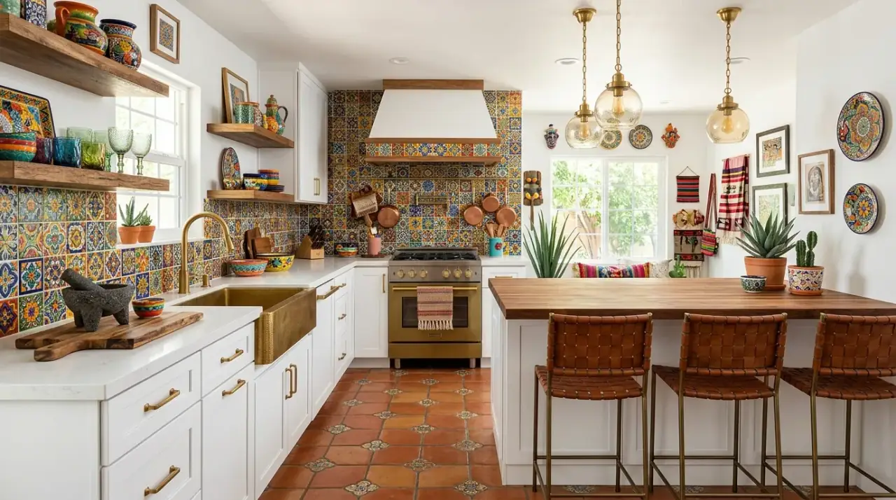 Mexican kitchen open shelves. Handcrafted ceramics displayed on open shelves for color and character.