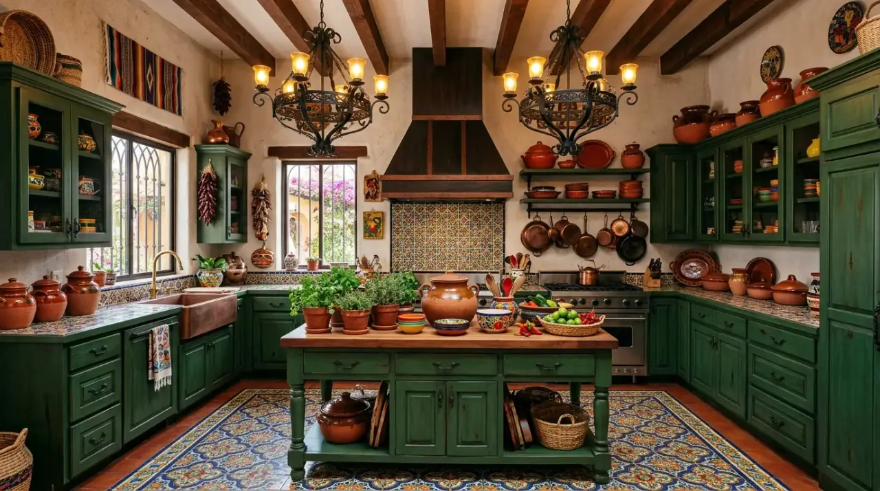 Woven pendant Mexican kitchen. Textured lighting balancing color in a lively kitchen interior.