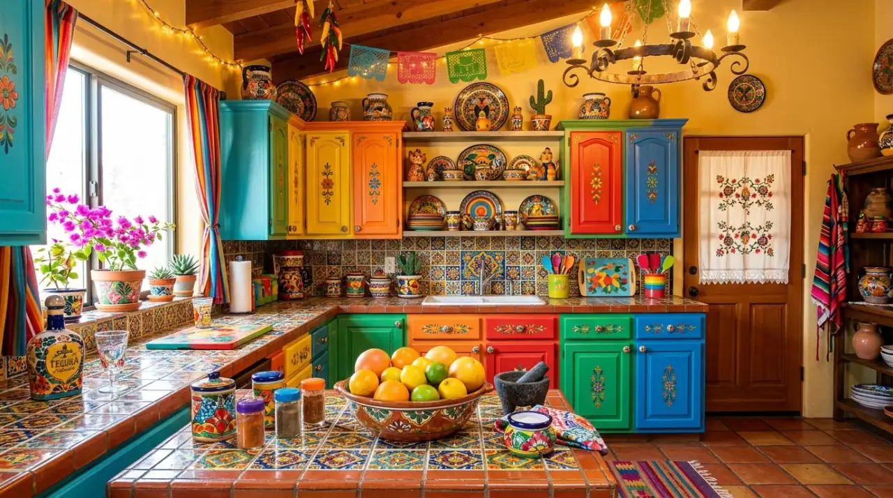 Colorful backsplash Mexican kitchen. Patterned kitchen tile balanced by light walls and airy space.