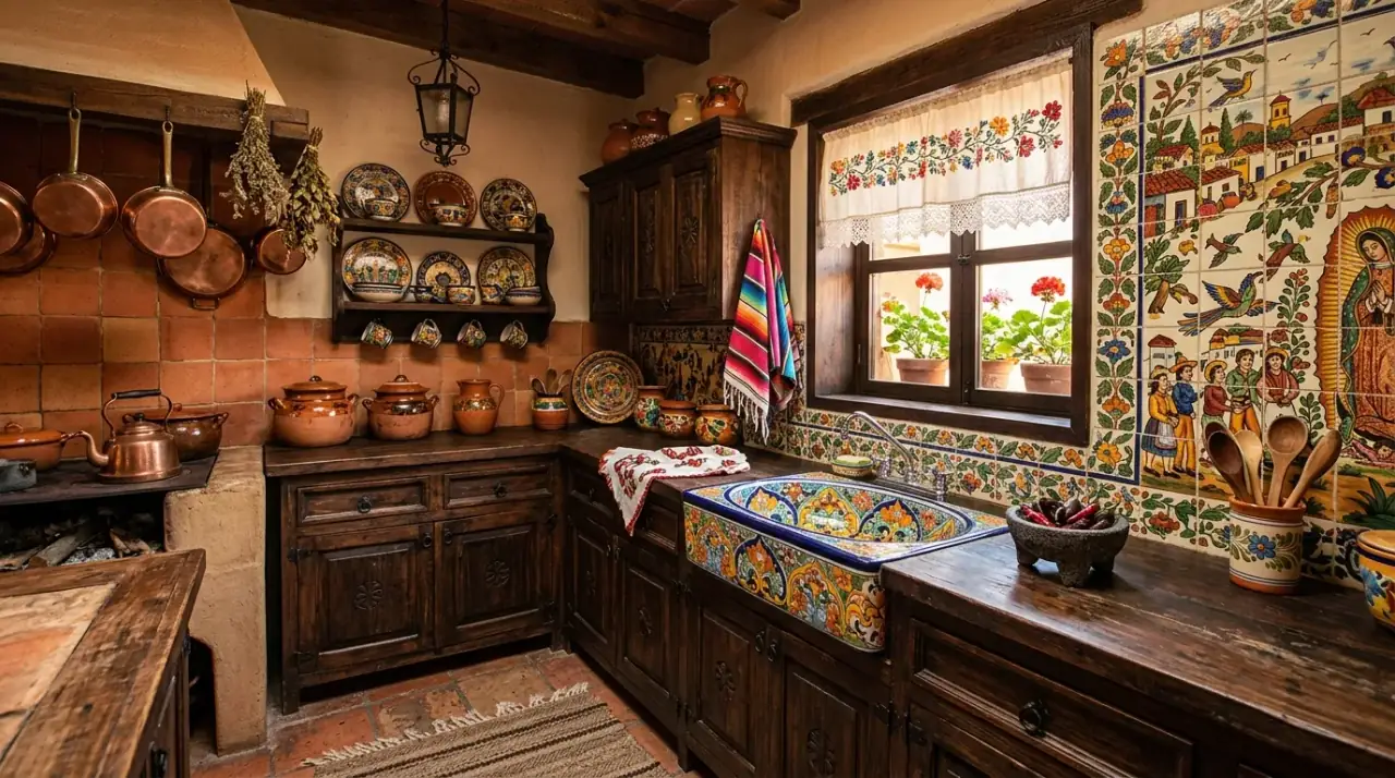 Arched niche Mexican kitchen. Architectural display niche adding warmth and artisan charm.