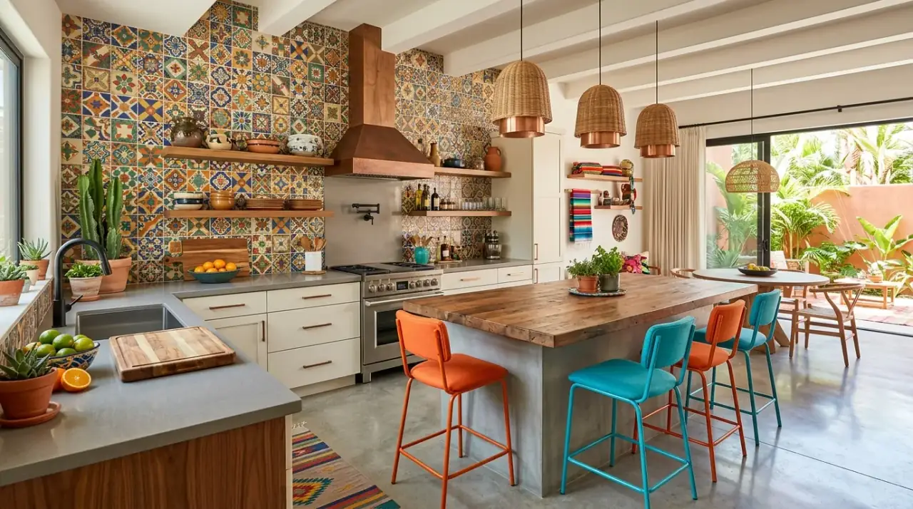 Mexican kitchen textiles. Warm woven fabrics adding festive color and softness to the kitchen.